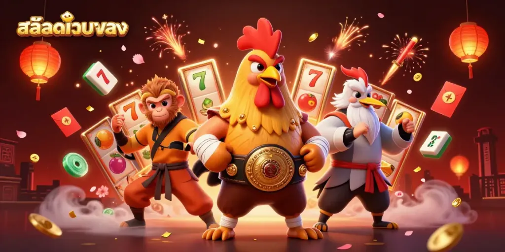 สล็อตเว็บตรง ในภาพวาด 3D ที่มีไก่มวยไทย การต่อสู้ และสล็อตแมชชีน