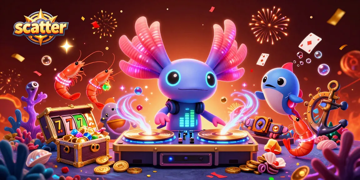Experience the scatter excitement with a neon-themed underwater casino scene featuring animated characters and vibrant treasures.