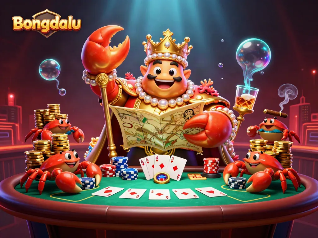 Bongdalu showcases a vibrant 3D scene with a golden crab emperor leading a poker table adventure.