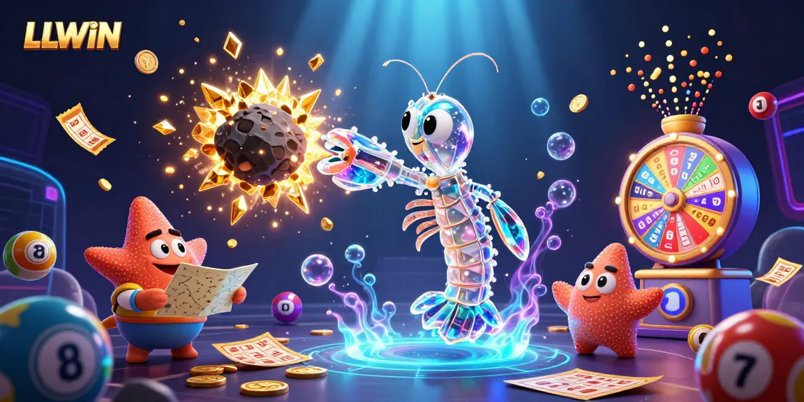 Engage with LLWIN's thrilling action as characters burst through an asteroid, revealing treasures and casino elements.