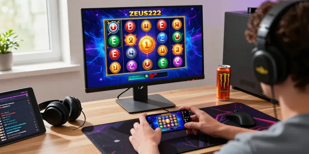 Pengguna bermain ZEUS222 di smartphone sambil duduk di meja gaming modern, menampilkan suasana permainan slot online yang energik.