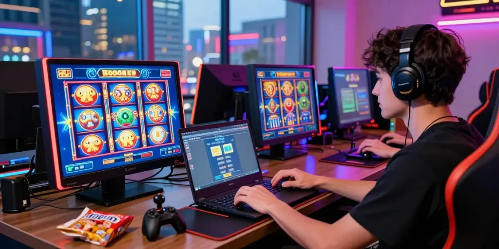 Engaged player experiencing สล็อตเว็บตรง online slots in a vibrant gaming environment.