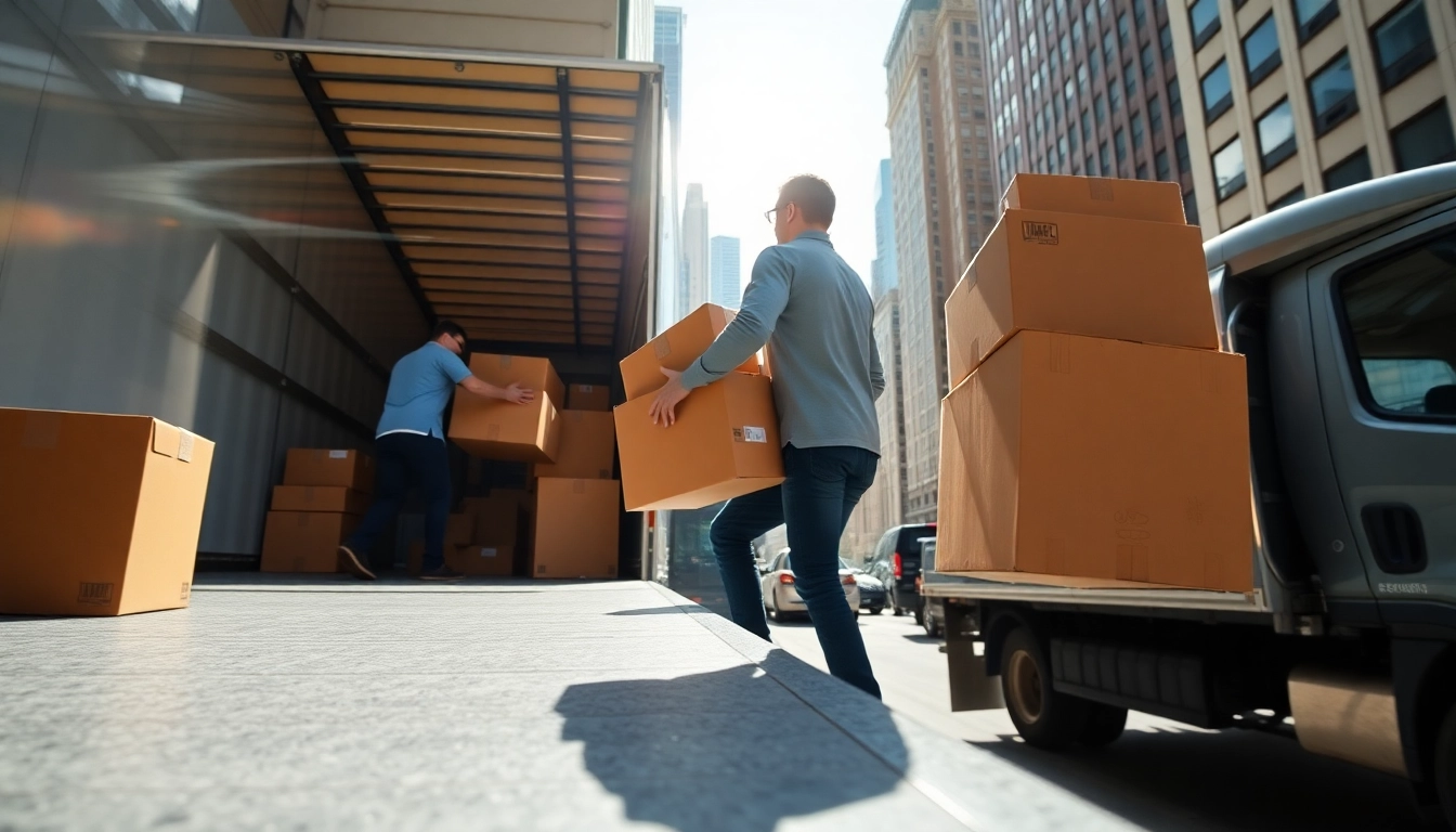 Movers in New York City efficiently handling boxes, representing moving companies in new york city.