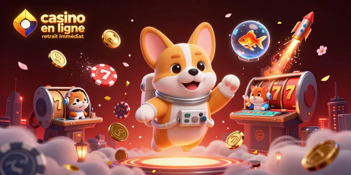 Illustration de casino en ligne retrait immédiat avec des personnages 3D dans un décor spatial, intégrant des éléments de jeu.