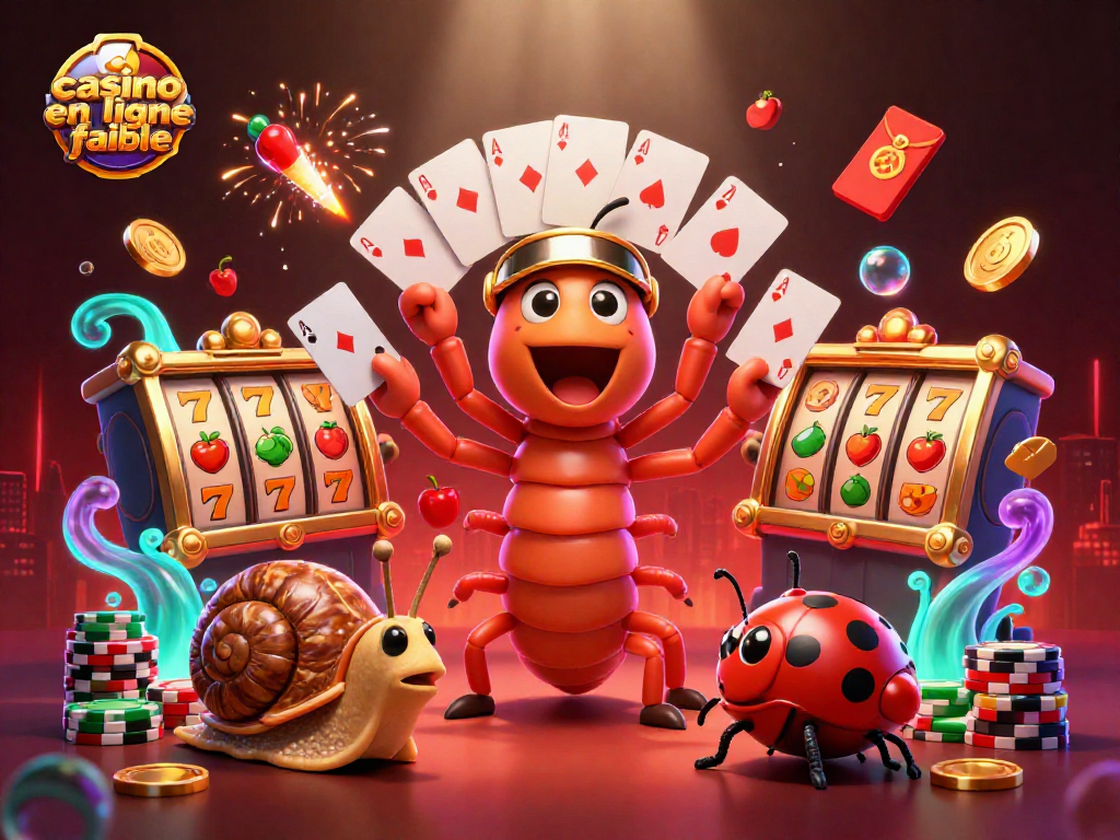 Illustration animée en 3D représentant un dealer de casino en ligne fiable avec des cartes, des jetons et des lanternes lumineuses.