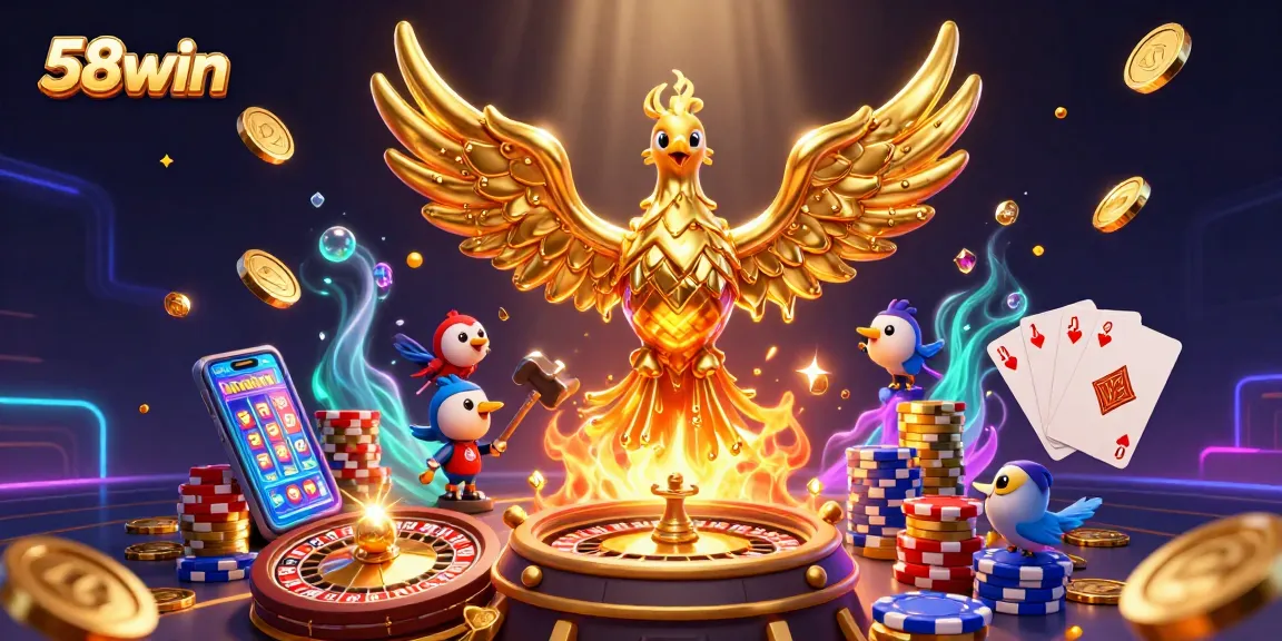 58win features a molten golden phoenix, vibrant coins, and dynamic casino visuals, capturing the thrill of gaming.