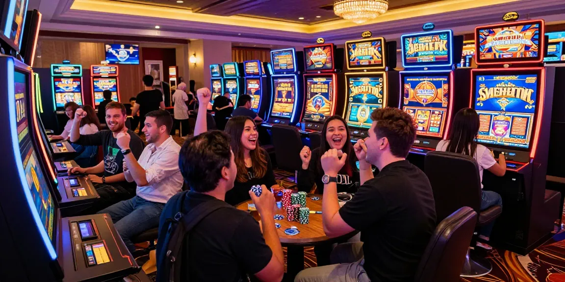 Exciting casino scene with players enjoying เกมสล็อต games and vibrant slot machines.