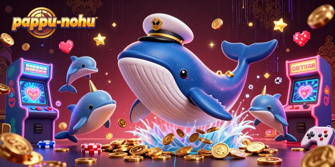 Pappu-nohu promotes exciting gameplay with a cartoon whale breaching coins, attracting gamblers.