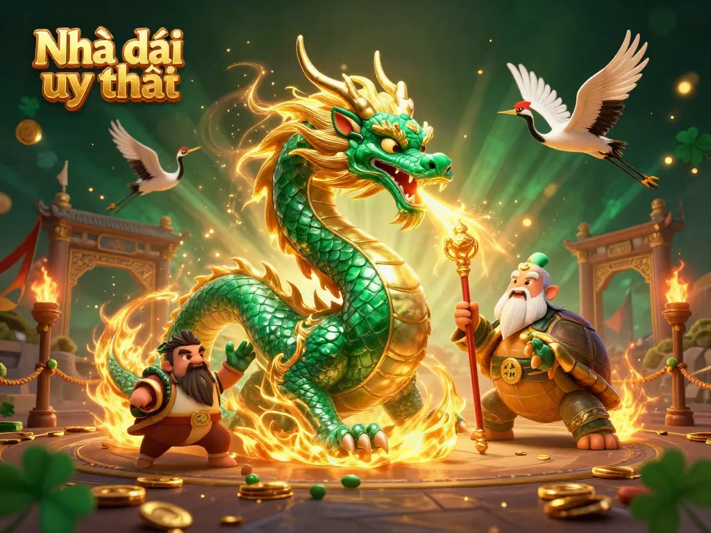A dynamic representation of Nhà cái uy tín showcasing a jade dragon, turtle sage, and lucky cranes within a vibrant casino illustration.