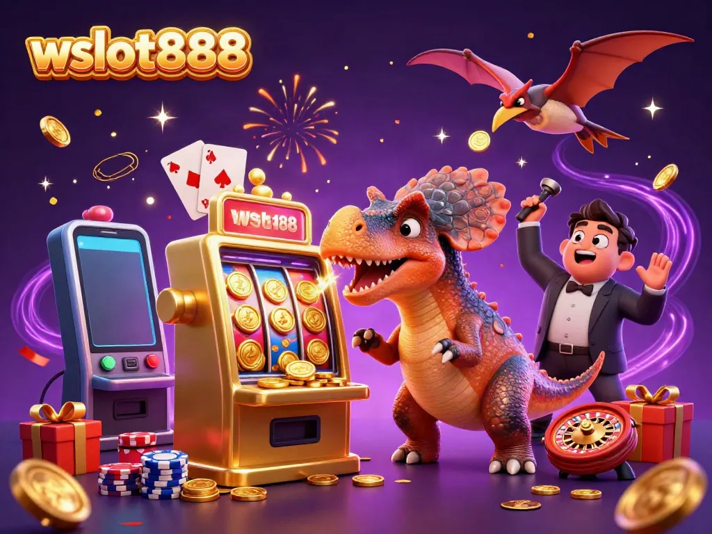 Ilustrasi 3D wslot888 dengan dinosaurus mengambil jackpot dan koin emas terbang di kasino