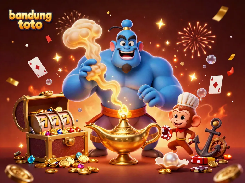 Experience the thrills of bandung toto with a magical genie, poker chips, and vibrant casino elements.