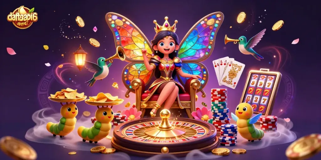Engage with daftarapi66's vibrant casino scene showcasing a butterfly queen amidst dynamic gambling elements.