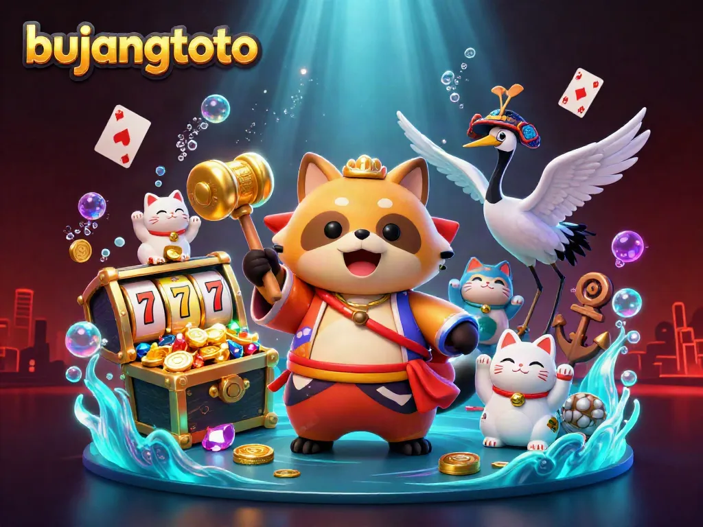 Bujangtoto casino scene featuring a cheerful tanuki, samurai crane, and fortune cats among riches.