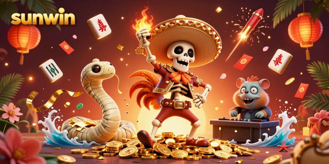 Experience the excitement of sunwin with a vibrant, victory dance illustration featuring a mariachi rooster and friends.