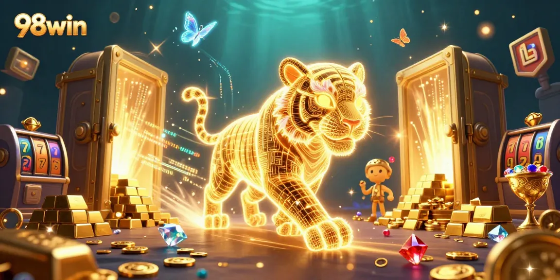 Experience the thrill of 98win with a vibrant casino scene featuring a neon golden tiger roaming among treasures.