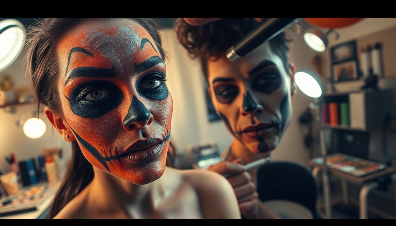 Transforming a model with Special effects makeup Dallas TX in a creative studio.