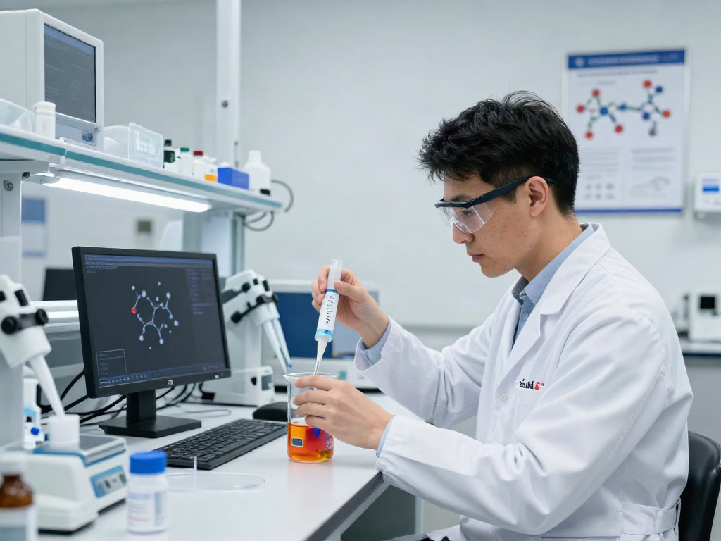 Scientist at Swiss Chems laboratory mixing high-quality peptides for research.
