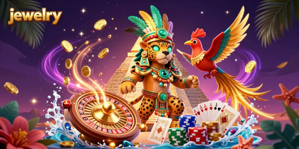 Experience stunning jewelry art in this vibrant 3D casino scene with cascading coins and luxury details.