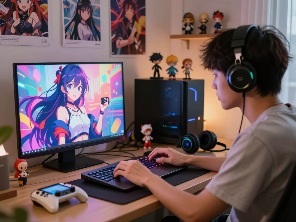 AI hentai chat interaction with vibrant anime character on laptop, showcasing a colorful digital experience.