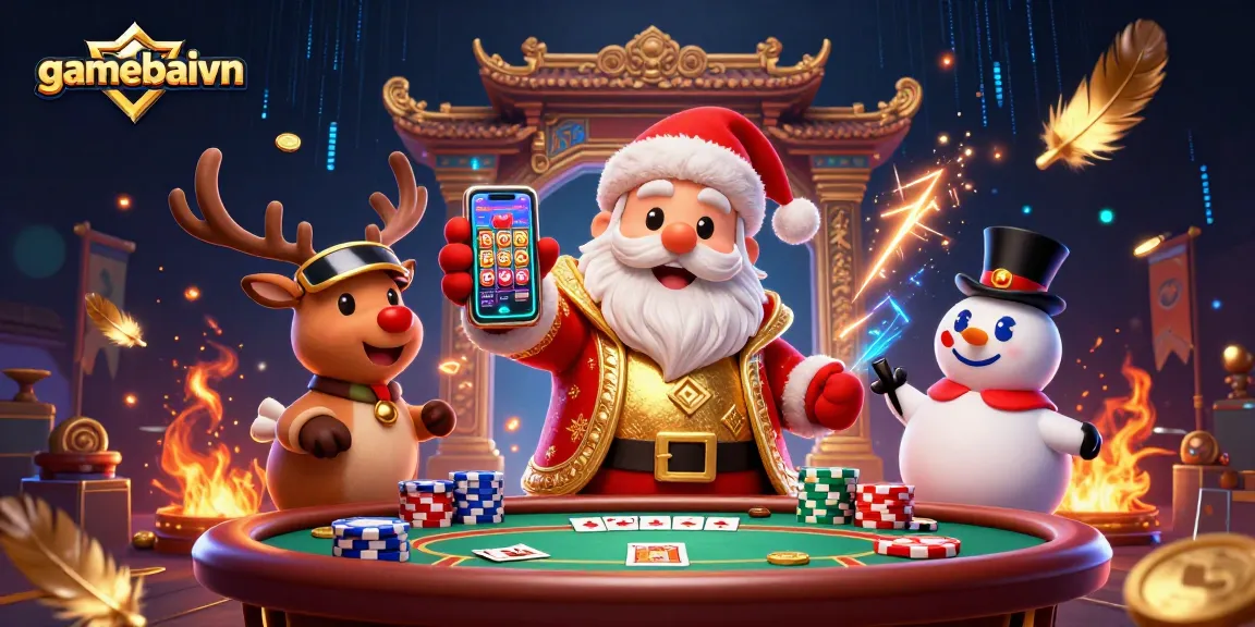 Join the thrilling poker action at gamebaivn with Santa and friends, celebrating winning hands and big payouts.