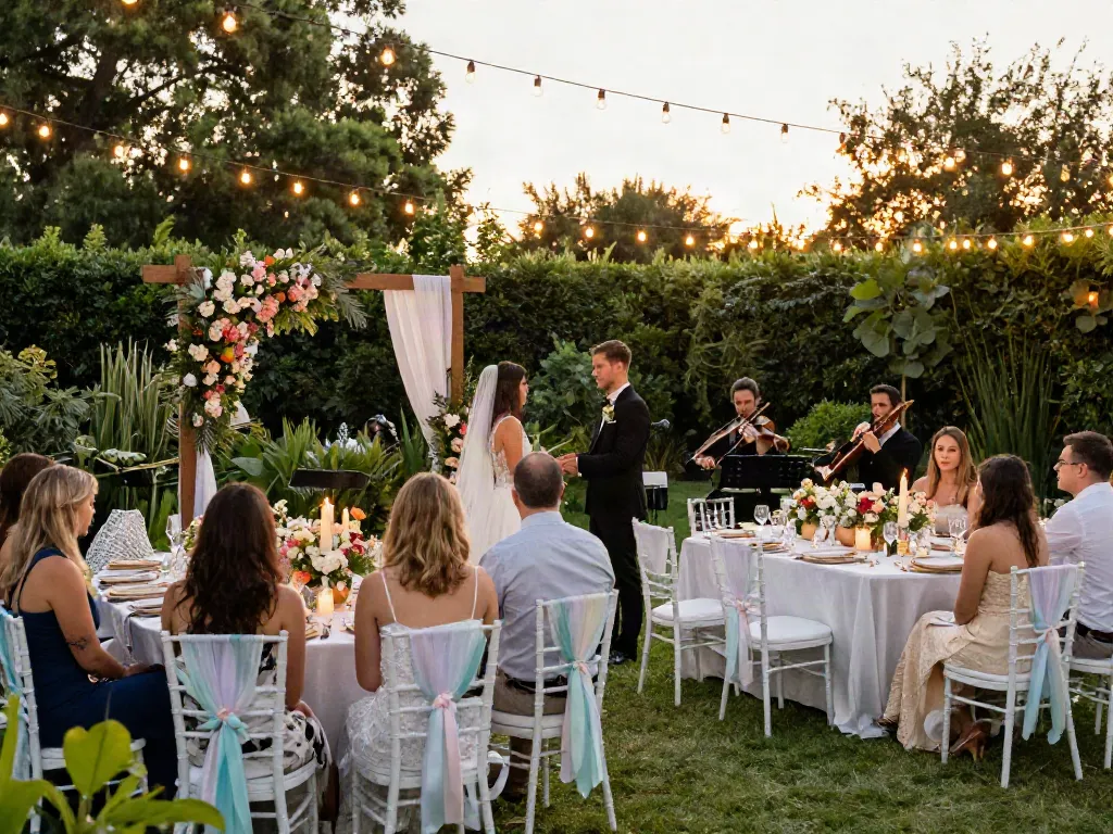 Event rental KSA outdoor wedding setup featuring elegant decorations and joyful atmosphere.