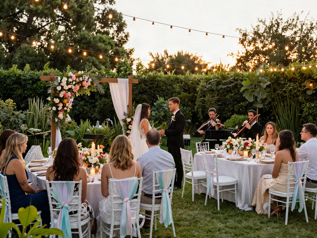 Event rental KSA outdoor wedding setup featuring elegant decorations and joyful atmosphere.