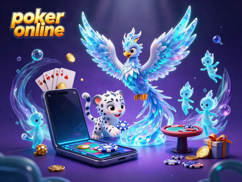 Engage in poker online with a vibrant illustration of an ice phoenix and playful cub amid game elements.