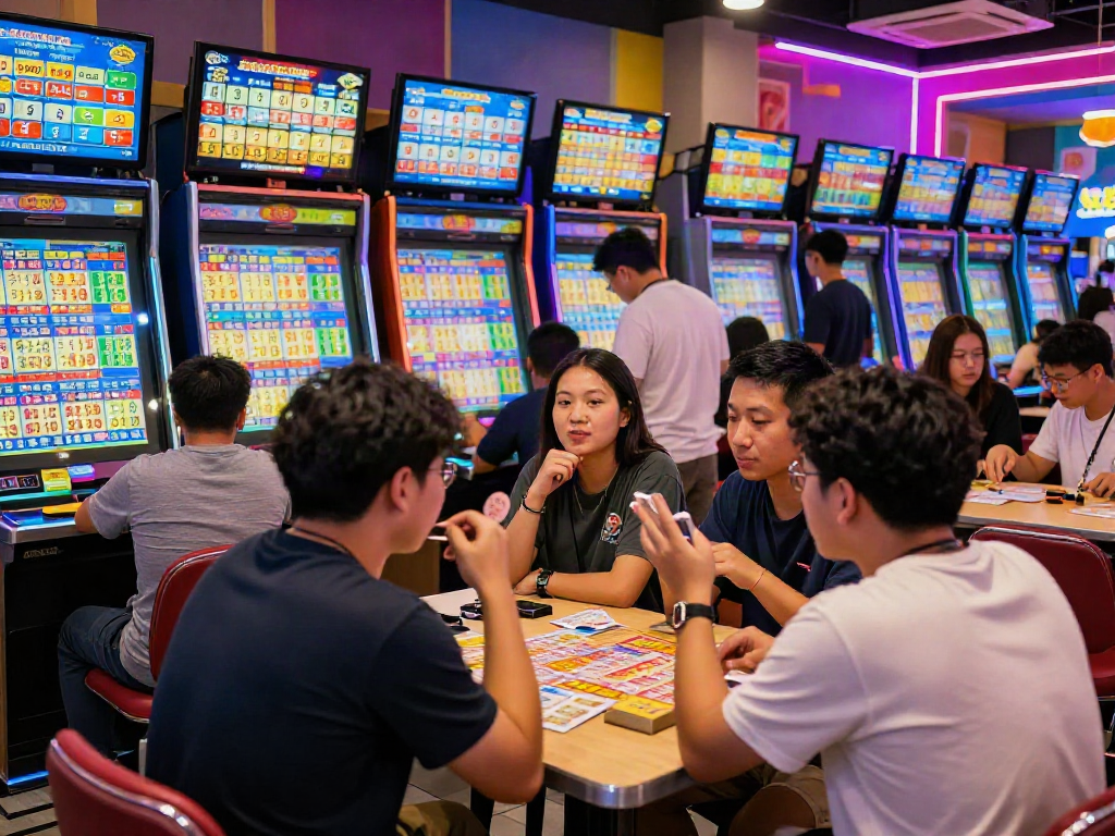 People excitedly participating in toto togel lottery at a vibrant gaming hall.