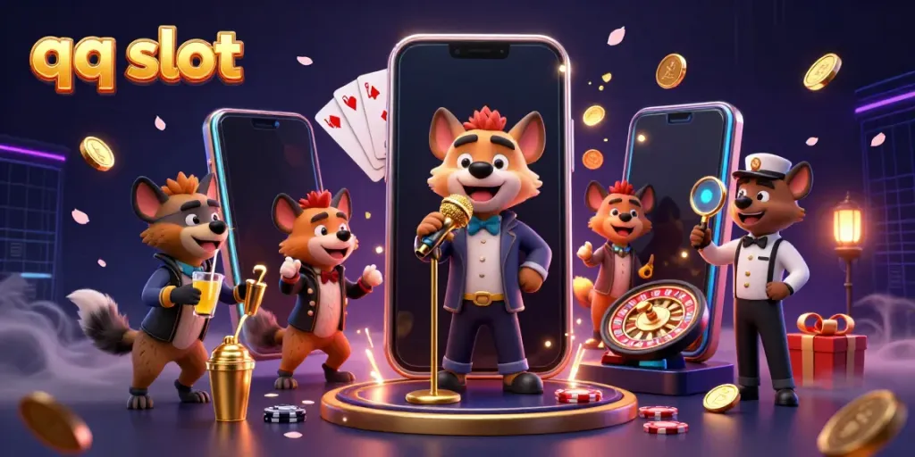 Experience the thrill of qq slot gaming in a vibrant casino scene with animated hyenas.
