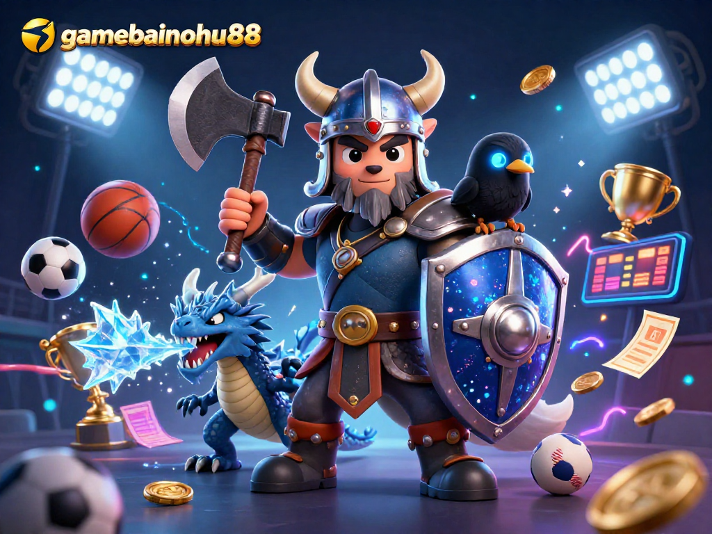 Experience the thrill of gamebainohu88 with dynamic action from cartoon Viking warrior, dragon, and raven.